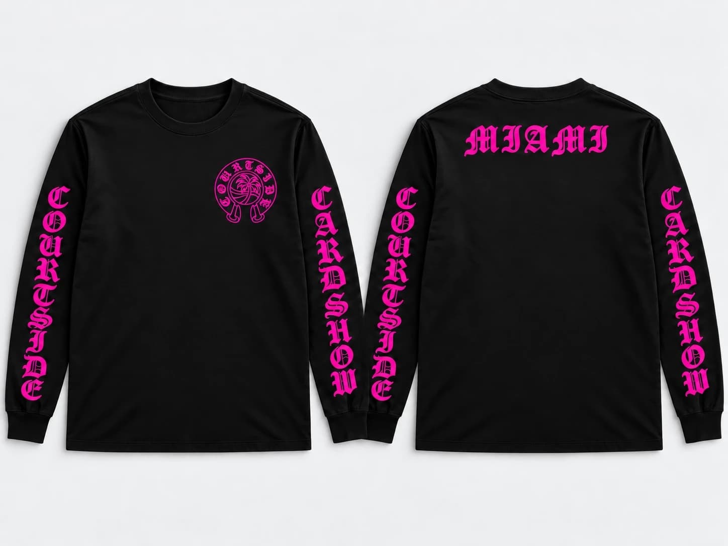 Black long sleeve tee, front and back, with fuchsia Old English COURTSIDE and CARDSHOW sleeve prints, chest crest and MIAMI across the back